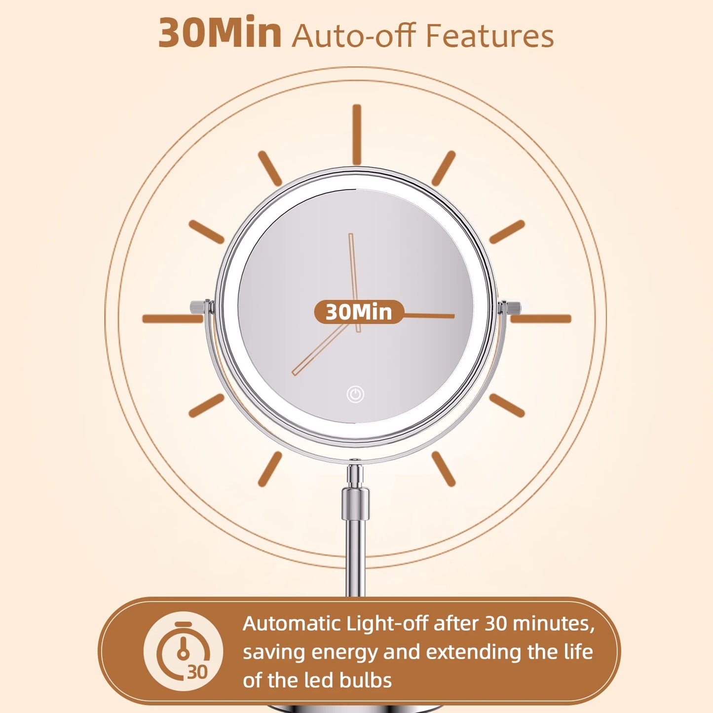 8 Inch LED Makeup Mirror with Light – 1X/10X Magnification, 3 Color Modes, Adjustable Height - Vellévia