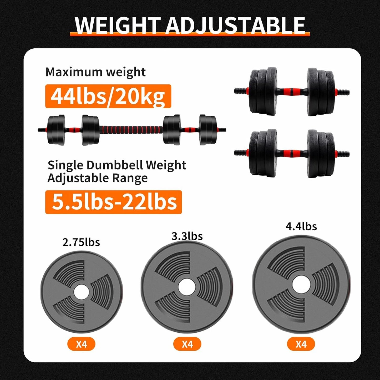 5–44 lbs Adjustable Dumbbell to Barbell Set – Anti-Slip Grip Strength Training Weights for Home Gym - Vellévia