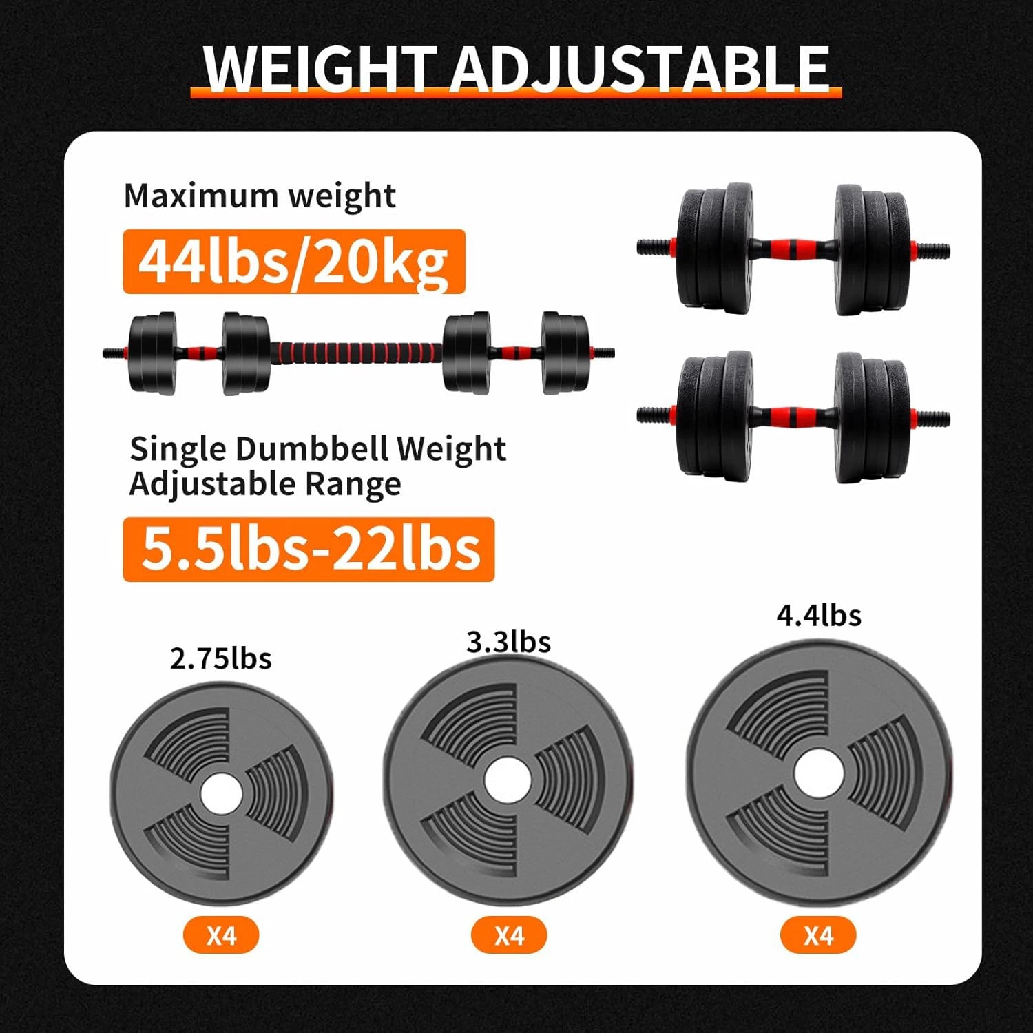 5–44 lbs Adjustable Dumbbell to Barbell Set – Anti-Slip Grip Strength Training Weights for Home Gym - Vellévia