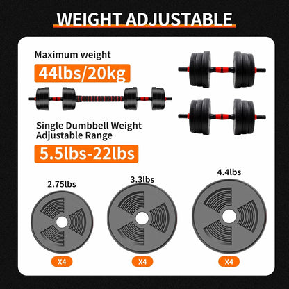 5–44 lbs Adjustable Dumbbell to Barbell Set – Anti-Slip Grip Strength Training Weights for Home Gym - Vellévia