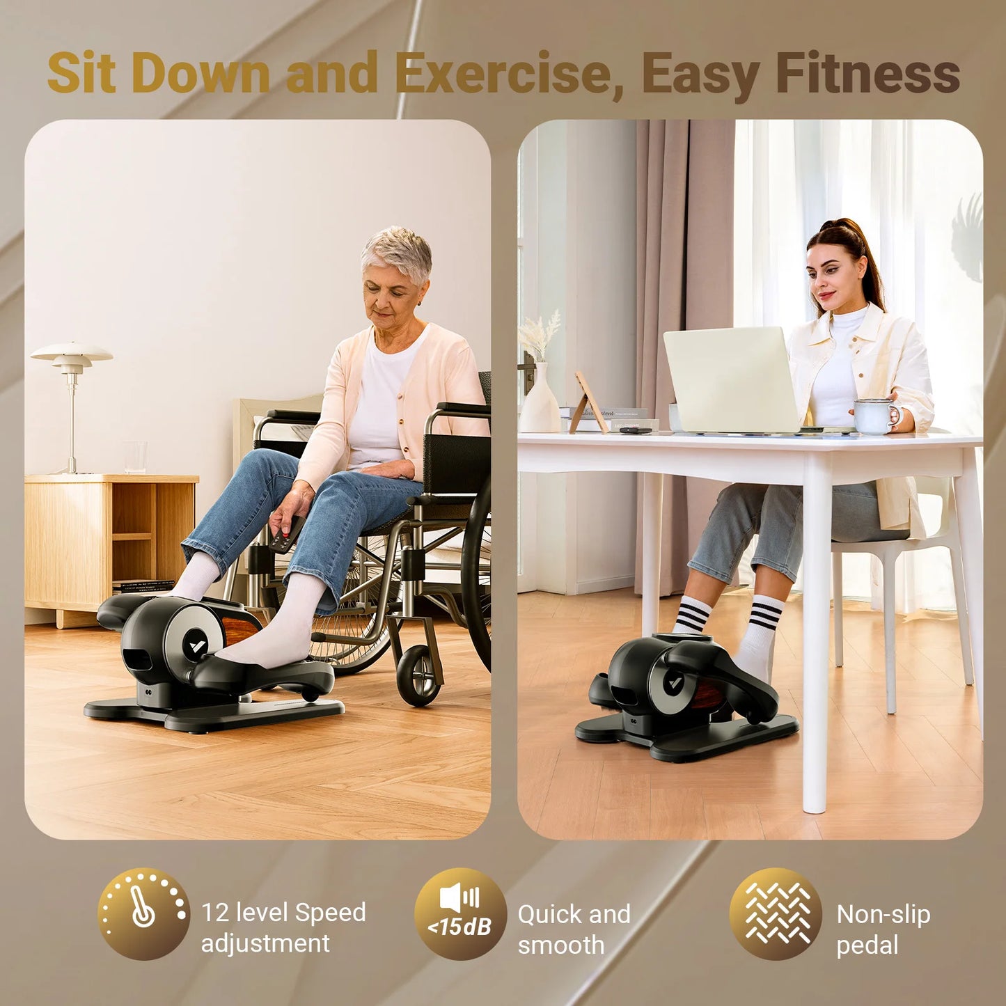 Under Desk Elliptical Machine with Remote Control – Mini Electric Leg Exerciser, Compact Seated Pedal Trainer for Home Office & Seniors - Vellévia