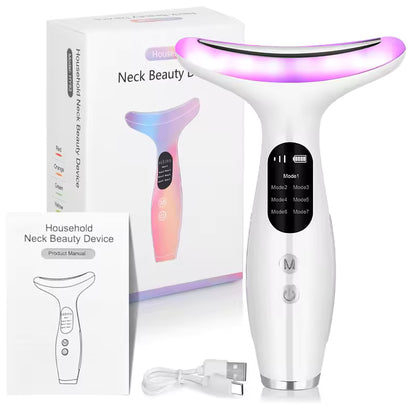 Portable 7 Color LED Light Face And Neck Massager – Rechargeable Vibration Skin Care Device - Vellévia