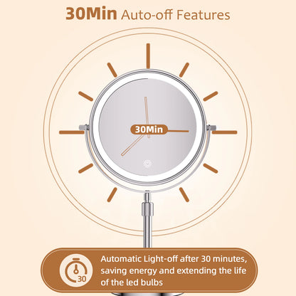 8 Inch LED Makeup Mirror with Light – 1X/10X Magnification, 3 Color Modes, Adjustable Height - Vellévia