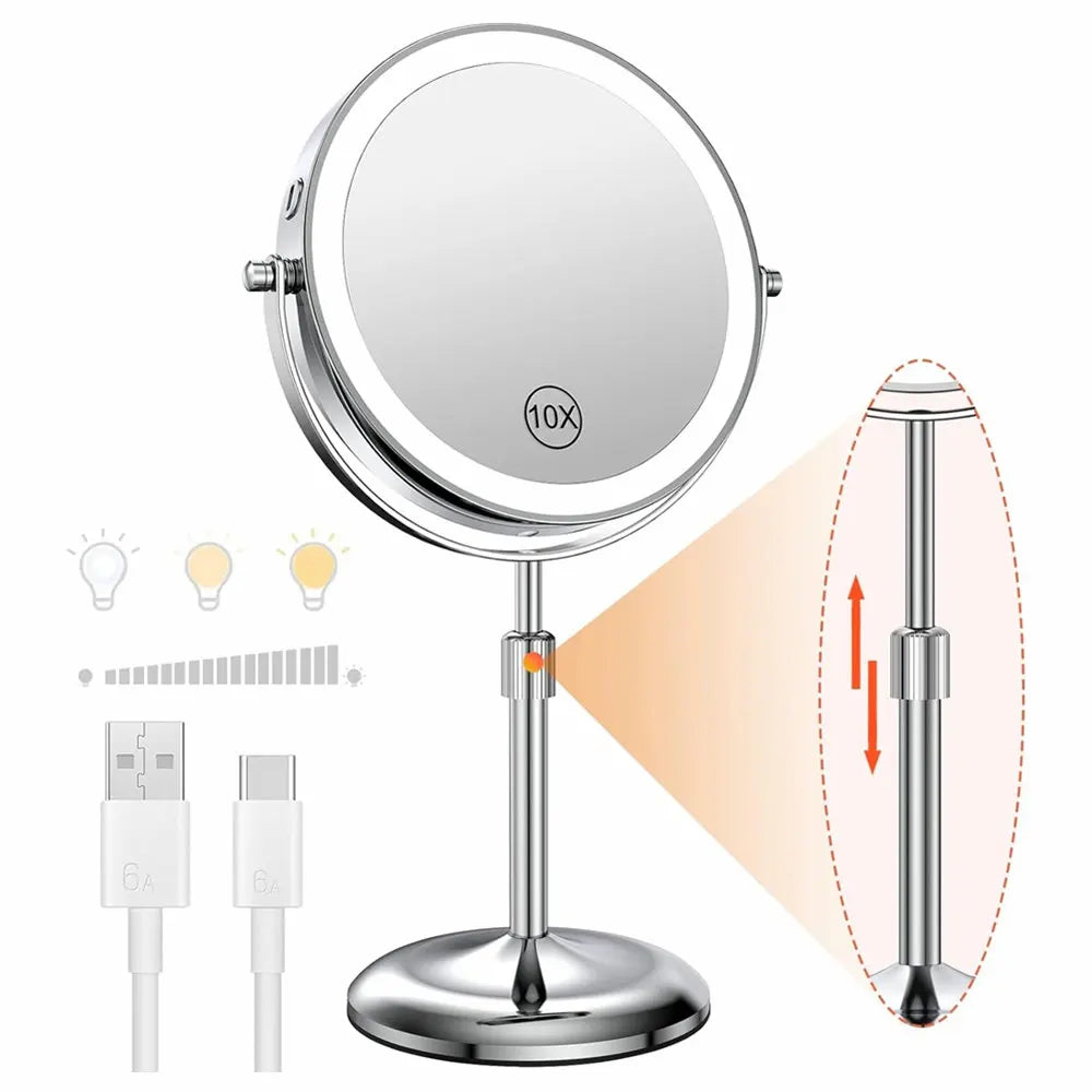 8 Inch LED Makeup Mirror with Light – 1X/10X Magnification, 3 Color Modes, Adjustable Height - Vellévia