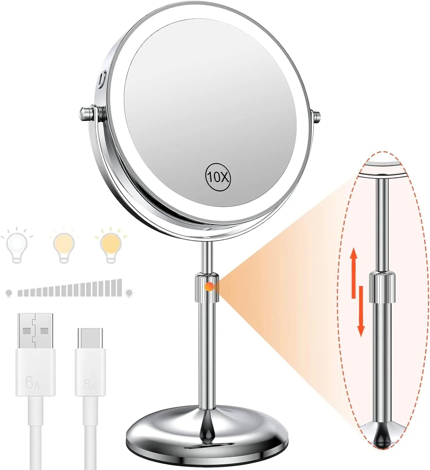 8 Inch LED Makeup Mirror with Light – 1X/10X Magnification, 3 Color Modes, Adjustable Height - Vellévia