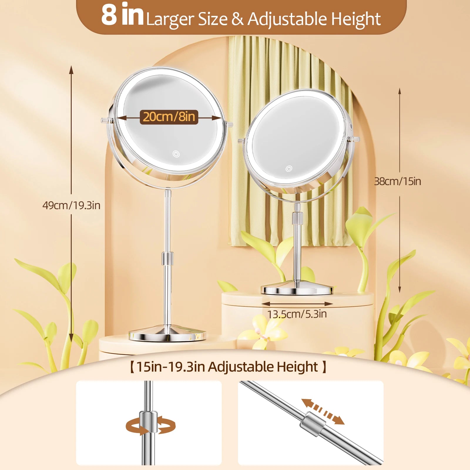 8 Inch LED Makeup Mirror with Light – 1X/10X Magnification, 3 Color Modes, Adjustable Height - Vellévia