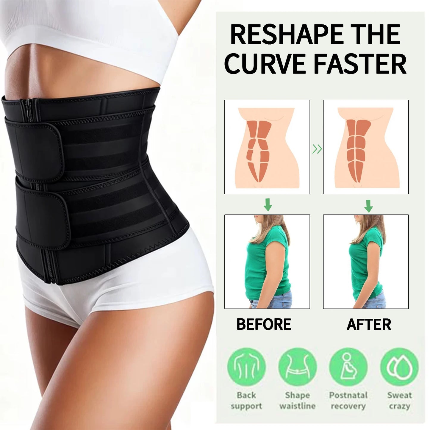 Adjustable Neoprene Waist Trainer for Women – Double Belt Workout Corset with Zipper and Back Support - Vellévia