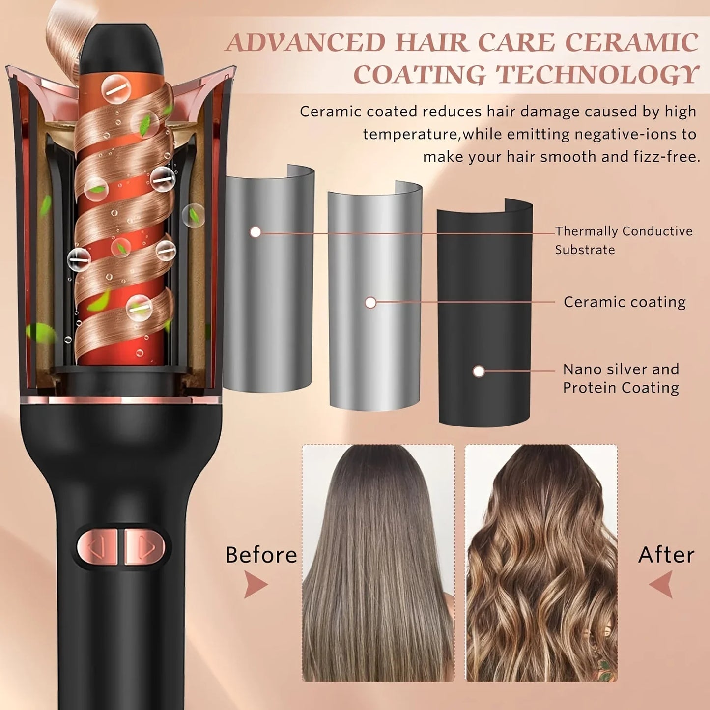 Automatic Hair Curler with Tourmaline Ceramic Barrel – Digital Rotating Curling Iron 160–220°C - Vellévia