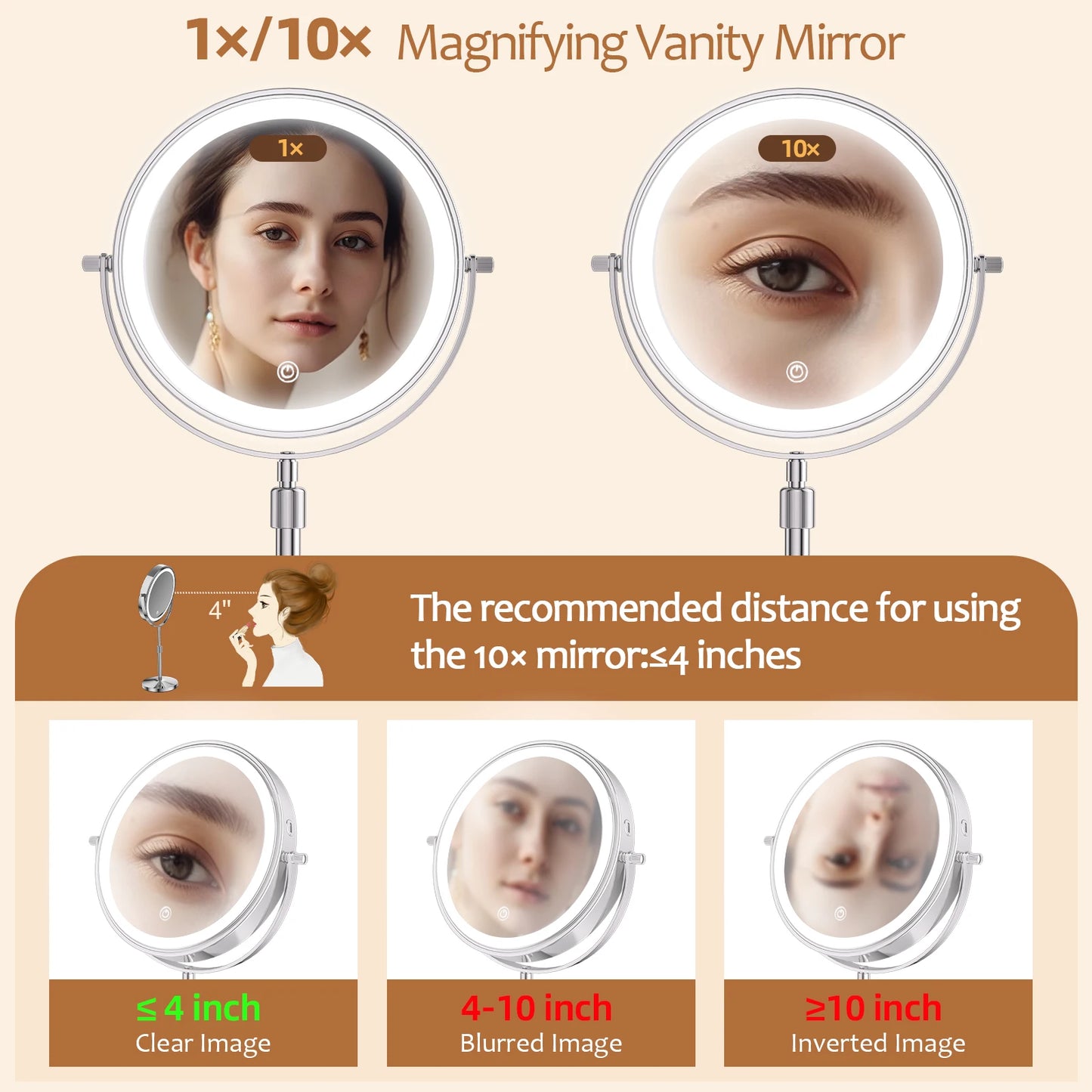 8 Inch LED Makeup Mirror with Light – 1X/10X Magnification, 3 Color Modes, Adjustable Height - Vellévia