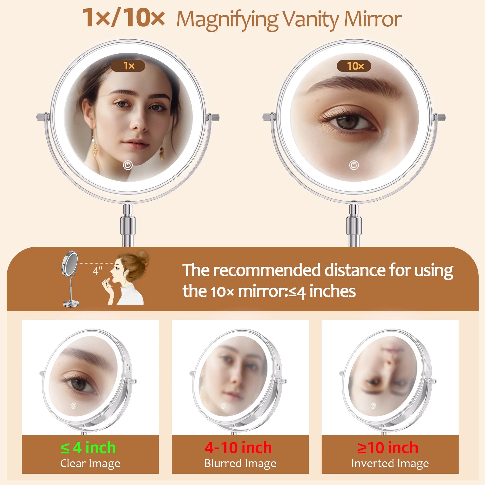 8 Inch LED Makeup Mirror with Light – 1X/10X Magnification, 3 Color Modes, Adjustable Height - Vellévia