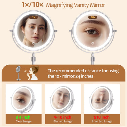 8 Inch LED Makeup Mirror with Light – 1X/10X Magnification, 3 Color Modes, Adjustable Height - Vellévia