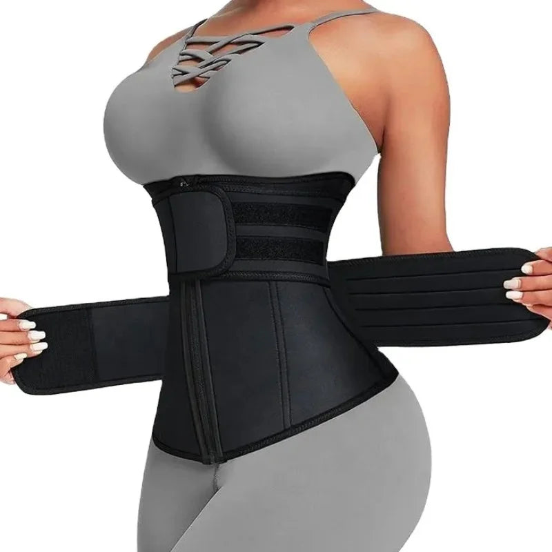 Adjustable Neoprene Waist Trainer for Women – Double Belt Workout Corset with Zipper and Back Support - Vellévia