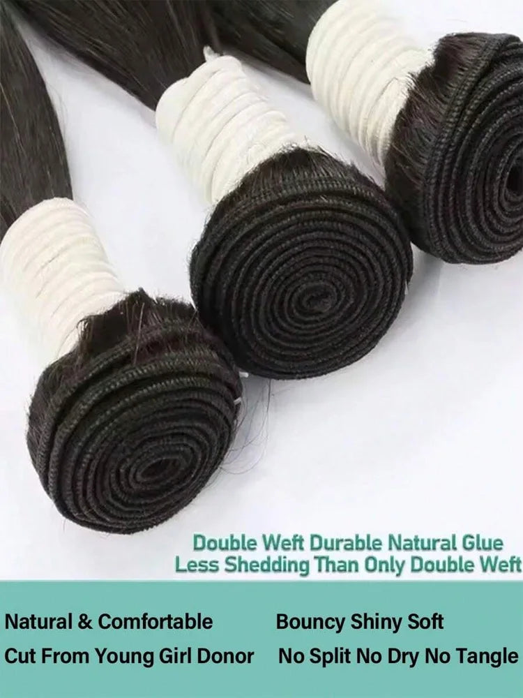 42 Inch Brazilian Bone Straight Human Hair Bundles – Raw Remy Double Weft Weave Extensions (Natural Black) - Vellévia