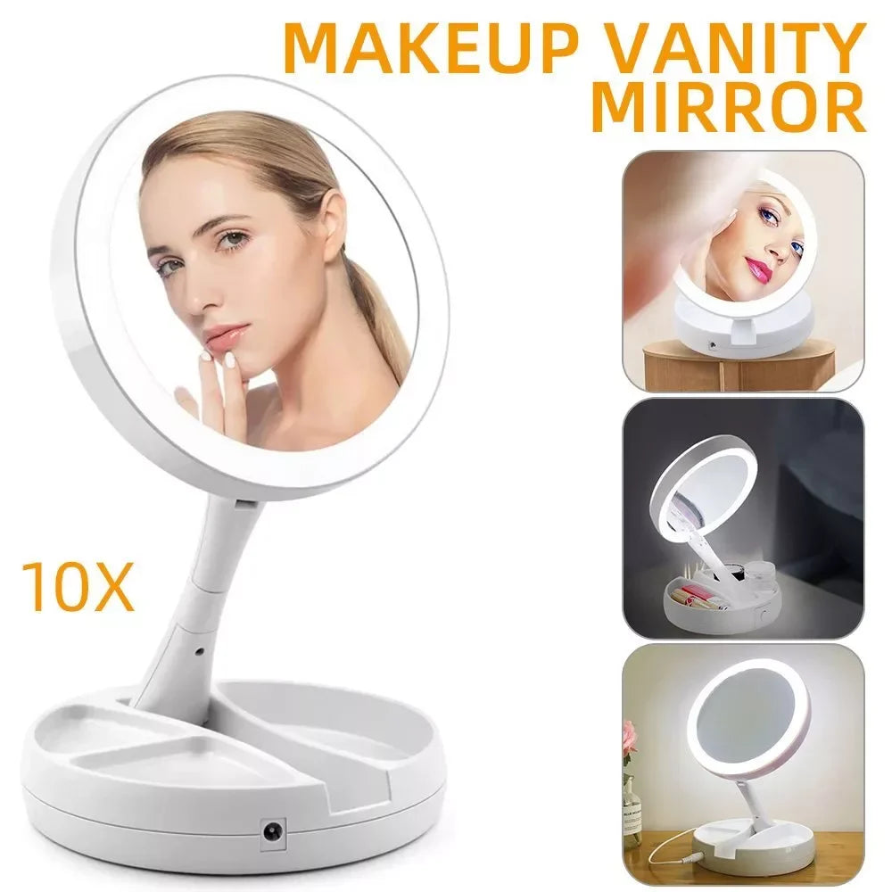 Compact LED Travel Makeup Mirror with 10X Magnification – Double-Sided Folding Vanity Mirror - Vellévia