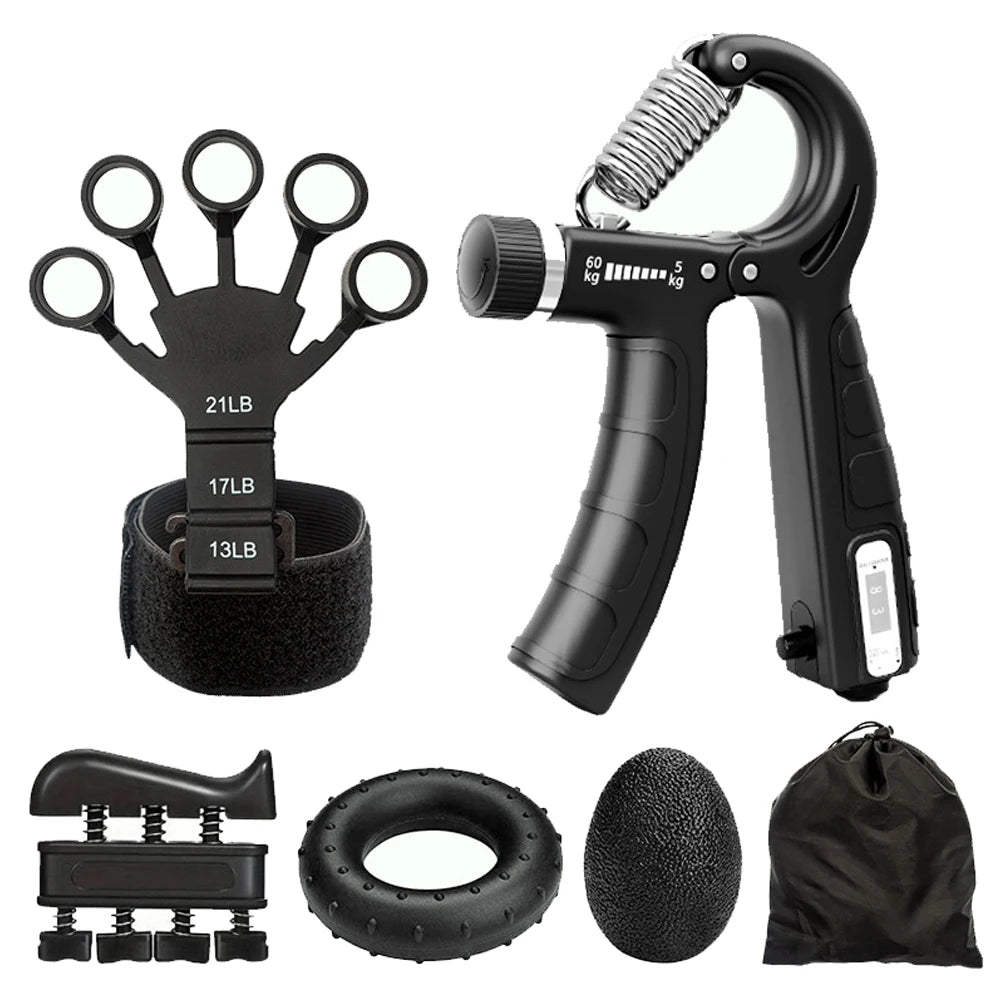 5 Piece Grip Trainer Kit – Adjustable Hand Gripper Set with Finger Exerciser, Stress Ball & Forearm Ring - Vellévia