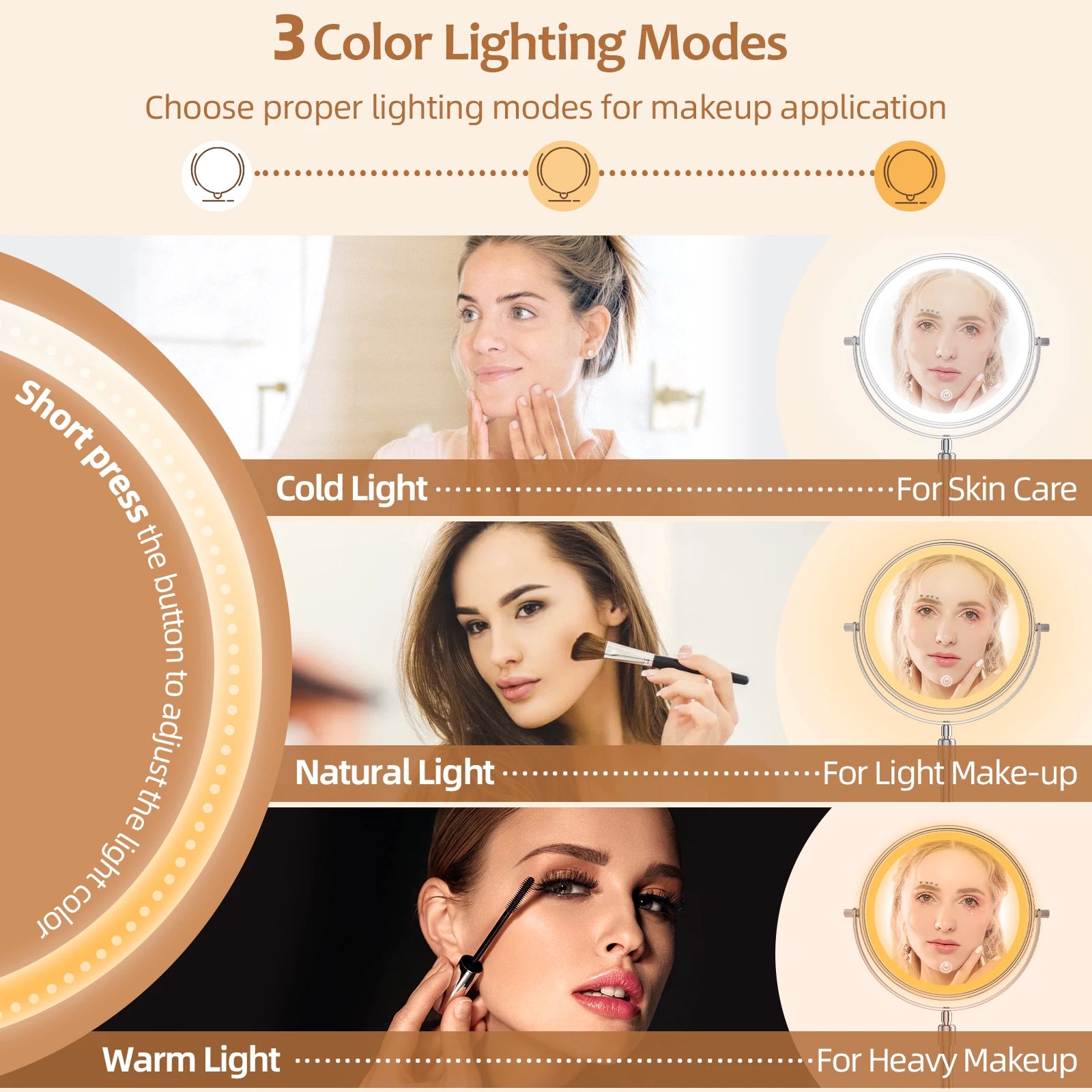 8 Inch LED Makeup Mirror with Light – 1X/10X Magnification, 3 Color Modes, Adjustable Height - Vellévia