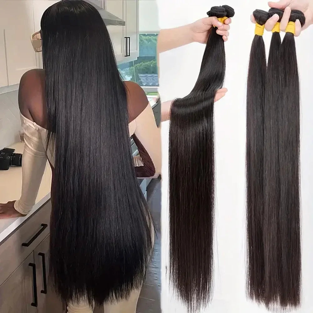 42 Inch Brazilian Bone Straight Human Hair Bundles – Raw Remy Double Weft Weave Extensions (Natural Black) - Vellévia