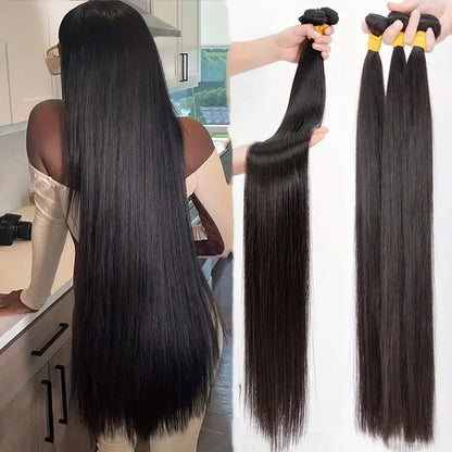 42 Inch Brazilian Bone Straight Human Hair Bundles – Raw Remy Double Weft Weave Extensions (Natural Black) - Vellévia