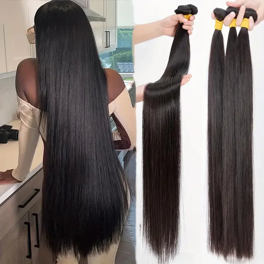 42 Inch Brazilian Bone Straight Human Hair Bundles – Raw Remy Double Weft Weave Extensions (Natural Black) - Vellévia