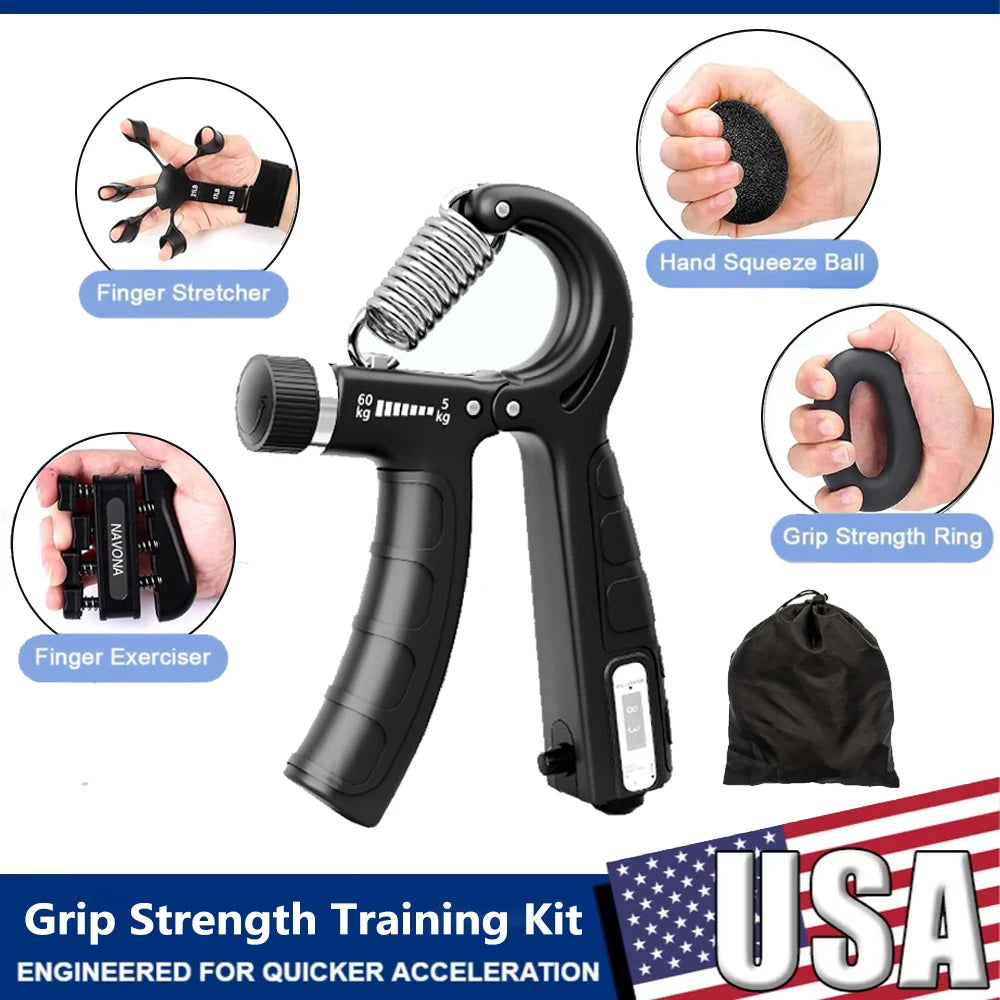 5 Piece Grip Trainer Kit – Adjustable Hand Gripper Set with Finger Exerciser, Stress Ball & Forearm Ring - Vellévia