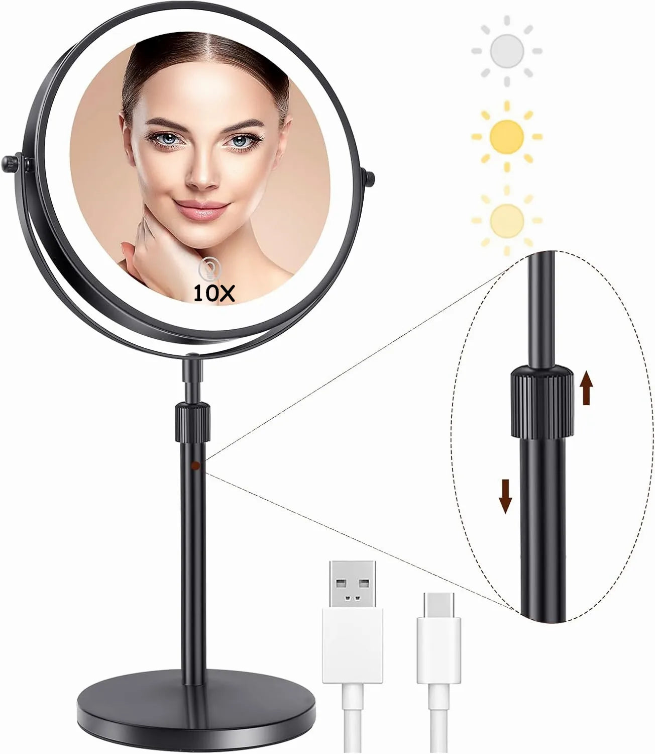 8 Inch LED Makeup Mirror with Light – 1X/10X Magnification, 3 Color Modes, Adjustable Height - Vellévia