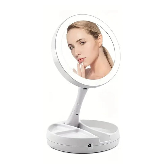 Compact LED Travel Makeup Mirror with 10X Magnification – Double-Sided Folding Vanity Mirror - Vellévia