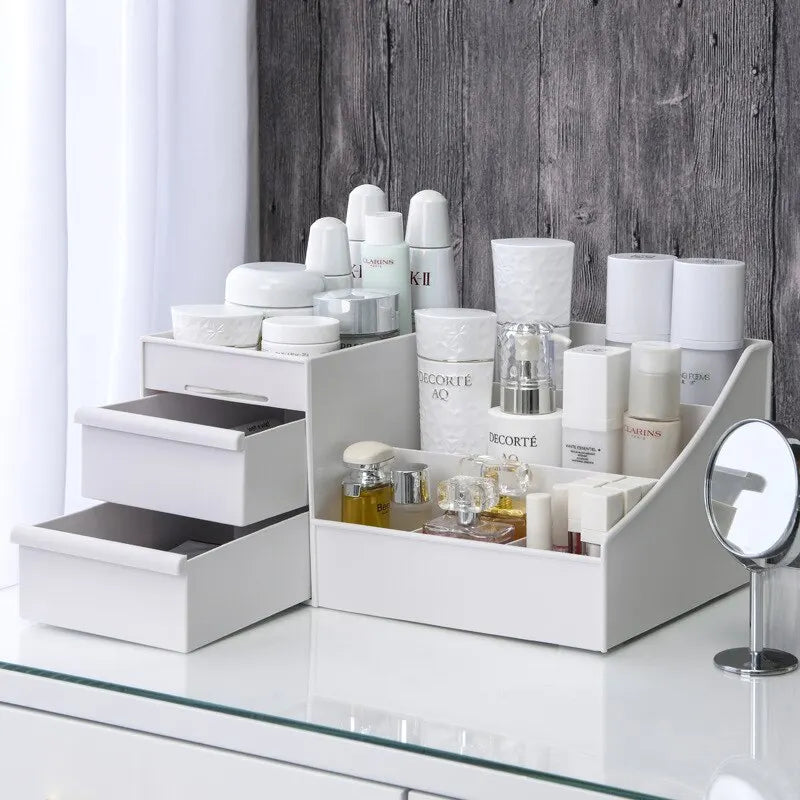 White Drawer Makeup Storage Organizer – Desktop Cosmetic and Skincare Plastic Shelf Box - Vellévia