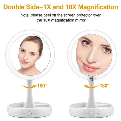 Compact LED Travel Makeup Mirror with 10X Magnification – Double-Sided Folding Vanity Mirror - Vellévia
