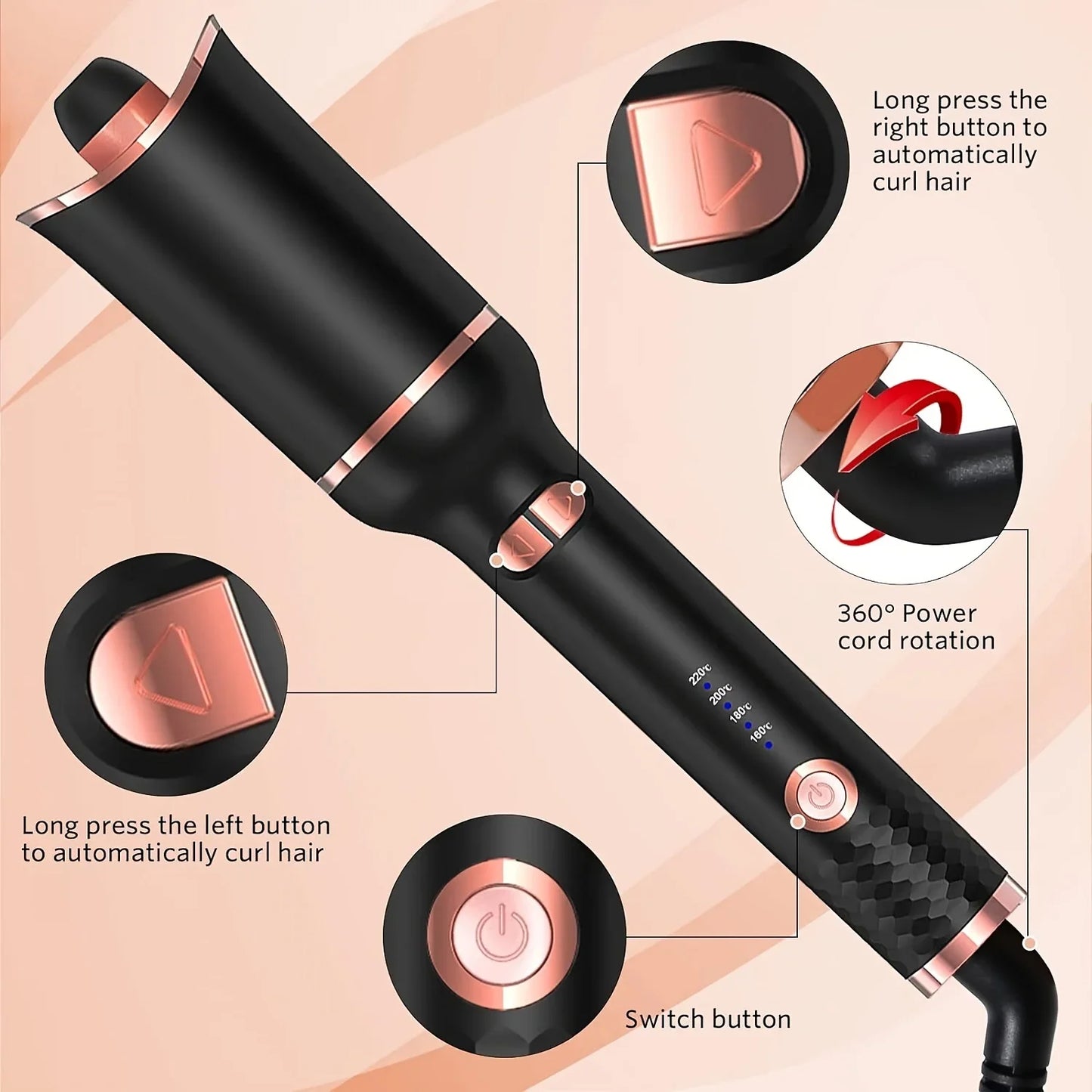 Automatic Hair Curler with Tourmaline Ceramic Barrel – Digital Rotating Curling Iron 160–220°C - Vellévia