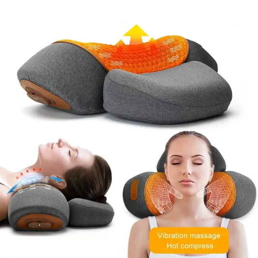 Heating vibration neck massager with people using it on a white background